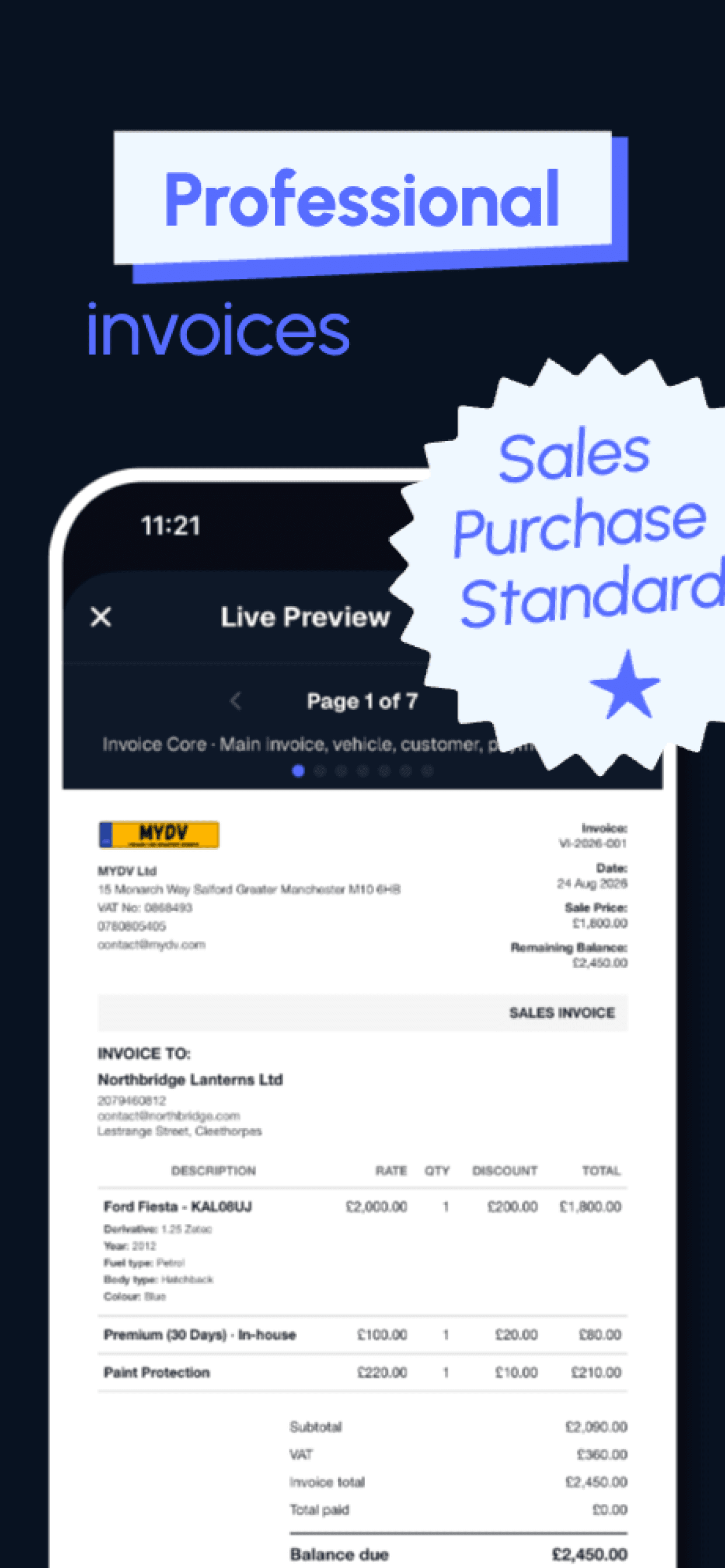 Professional invoice preview screen in invoices by MYDV