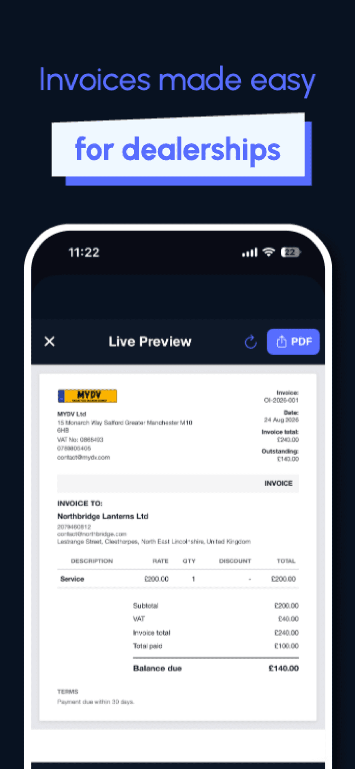 PDF invoice sharing screen in invoices by MYDV