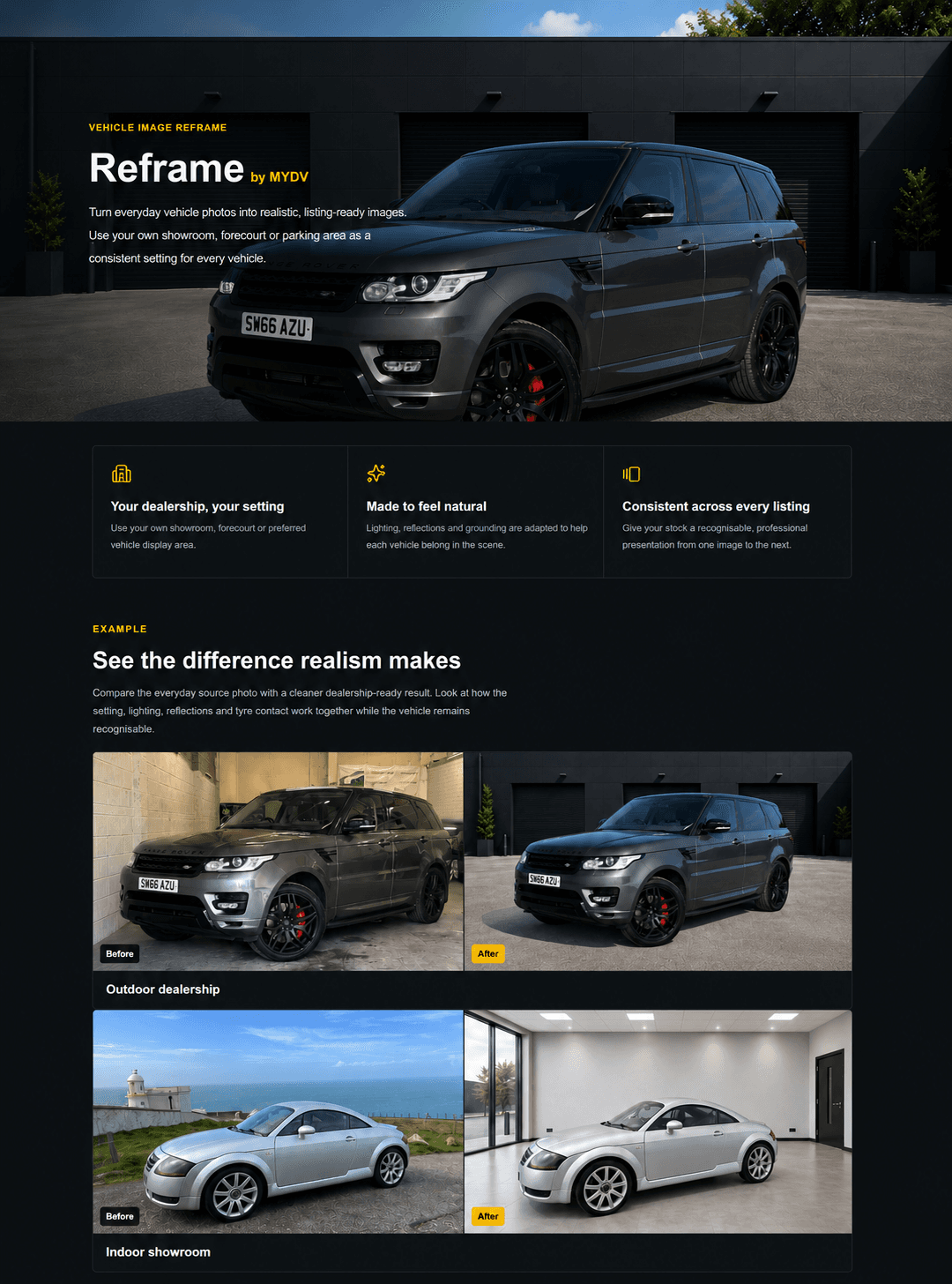 ReFrame by MYDV — before and after examples of vehicle photos placed onto dealership and studio backgrounds